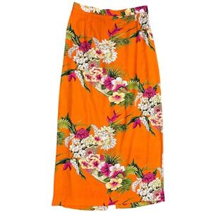 Vintage CLO Orange Tropical Floral Rayon  Maxi Skirt Vacation Resortwear USA M